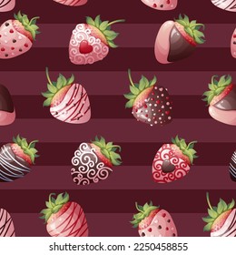 Seamless texture with chocolate covered strawberries on a striped background. Romance, valentines day, sweet gift. Suitable for wrapping paper, textile, wallpaper