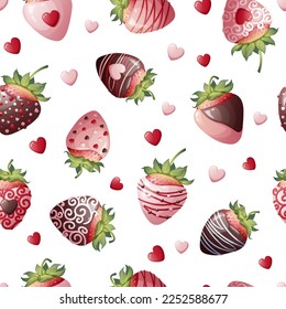 Seamless texture with chocolate covered strawberries on a white background. Romance, valentines day, sweet gift. Suitable for wrapping paper, textile, wallpaper