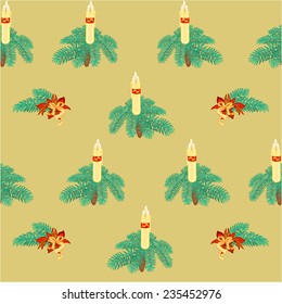 Seamless texture christmas candle with bow and poinsettia gold background vector illustration