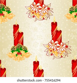Seamless texture Christmas candlelights with pine cones and holy and bows vintage vector illustration editable hand draw