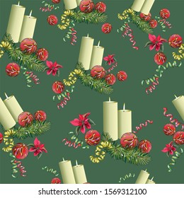   Seamless texture. Christmas candles surrounded by red poinsettia flowers, pine branch, Christmas balls. Festive design, fabric, wallpaper, wrapping paper.