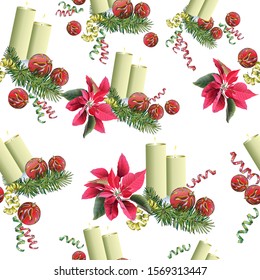   Seamless texture. Christmas candles surrounded by red poinsettia flowers, pine branch, Christmas balls. Festive design, fabric, wallpaper, wrapping paper.