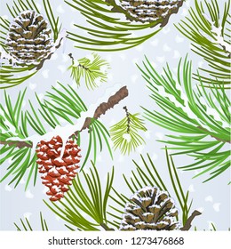 Seamless texture Christmas decoration snow pine cone fir tree branches vintage vector illustration editable hand draw