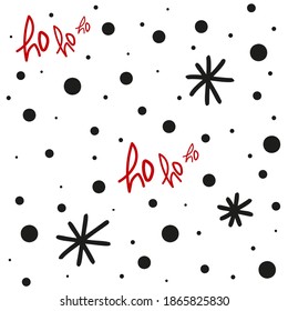 Seamless texture for Christmas design. Doodle illustration snowflakes in different shapes and with handwritten ho. Snow flakes, snow background. Seamless ho pattern with Christmas snowflakes. Vector 