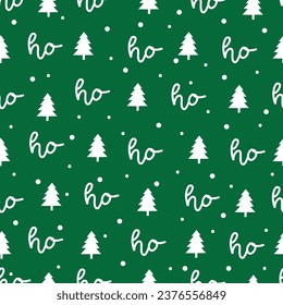 Textura perfecta para el diseño navideño. Fondo verde vectorial con palabras manuscritas ho ho ho , con pino y nevada.