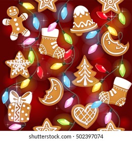 Seamless texture of Christmas gingerbread and colorful garlands on red background