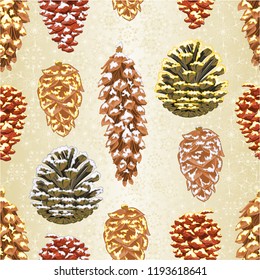 Seamless texture Christmas and New Year decorations Four pine cones larch cones natural  and golden pine cones and snow pine cones vintage vector illustration editable hand draw