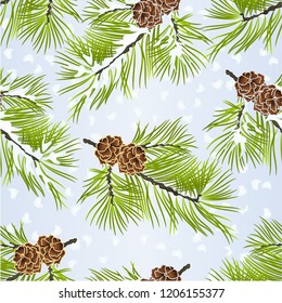Seamless texture  Christmas and New Year decoration golden pine cones and snow pine cones fir tree branches vintage vector illustration editable hand draw