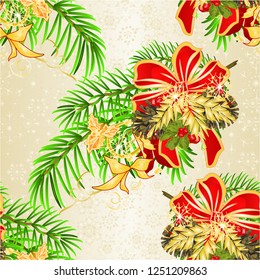 Seamless texture Christmas and New Year decorative christmas  spruce tree bow festive poinsettia  and bow and pine cones holiday image for design vintage vector illustration editable hand draw