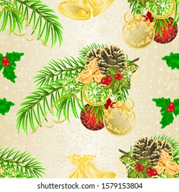 Seamless texture Christmas and New Year decorative branch christmas tree festive poinsettia  and pine cones golden and red balls vintage vector illustration editable hand draw
