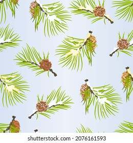 Seamless texture Christmas and New Year decoration fir tree branches golden and snow pine cones  vector