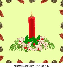 Seamless texture Christmas red candle with ribbon pinecones and berries and golden leaves vector illustration