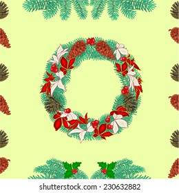 Seamless texture christmas wreath and pine cones and spruce branches vector illustration