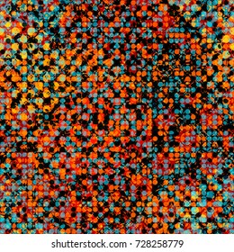Textura sin inconvenientes de los puntos y anillos de los círculos. Elementos rojos, azules, negros y naranjas. Oscuro y claro. Efecto digital. Fondo abstracto vectorial para página web, banners, tela, decoración doméstica, envoltura 