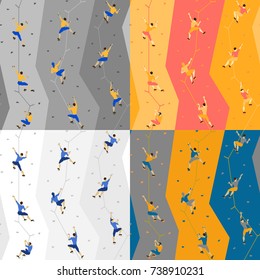 Seamless texture with climbers on climbing wall, on colored background