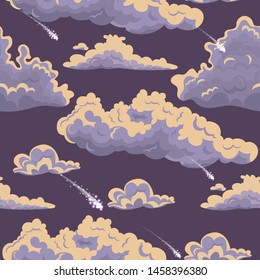 Seamless texture with clouds and meteorites. Vector template.