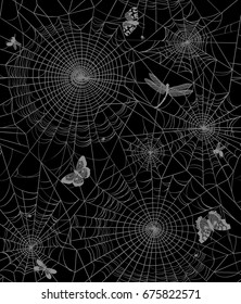 Seamless texture with a cobweb and insects. Dark background, vector illustration