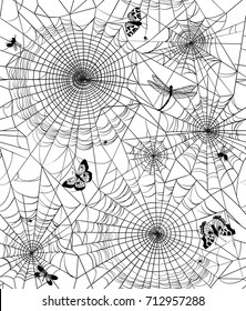 Seamless texture with a cobweb and insects. White background, vector illustration