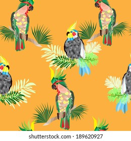 Seamless texture cockatoo parrots on a yellow background