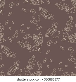Seamless texture with cocoa fruits and cocoa leaves. Fruit on a brown background. Pattern for packaging chocolate