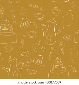 seamless texture - coffee, cake and sweets on a brown background. Kraft Paper for Packaging
