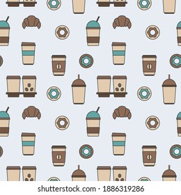 Seamless texture from coffee cups, donuts and croissants, pattern, abstract background, wallpaper