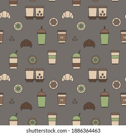 Seamless texture from coffee cups, donuts and croissants, pattern, abstract background, wallpaper