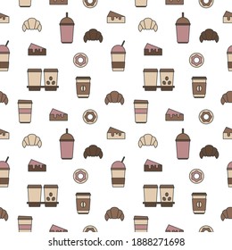 Seamless texture from coffee cups, donuts and croissants, pattern, abstract background, wallpaper