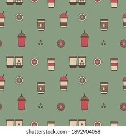 Seamless texture from coffee cups, donuts and croissants, pattern, abstract background, wallpaper