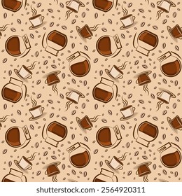 seamless texture of coffee cups, coffee glasses, coffee pot for design. Vector illustration. Eps 10