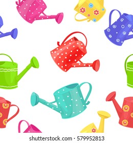 seamless texture with collection of fine watering cans on white background