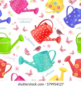 seamless texture with collection of funny watering cans on white background and butterflies