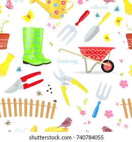 seamless texture with collection of gardening tools and equipments 