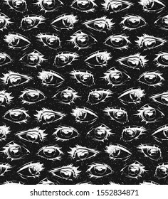 Seamless texture with collection with human eyes. Graphic vector illustration. Eyes in different positions. 