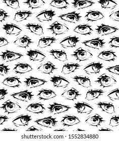 Seamless texture with collection with human eyes. Graphic vector illustration. Eyes in different positions. 
