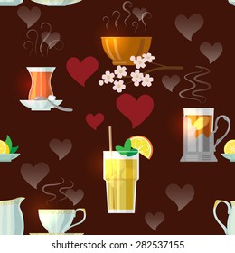 Seamless texture with collection of  teas of different nations on brown background.