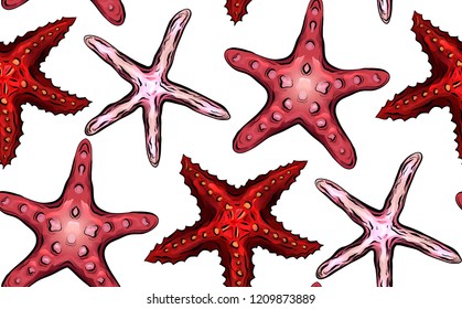 Seamless texture with color cartoon illustrations of starfishes on white background. Vector pattern for fabrics, backgrounds, wallpapers and your creativity