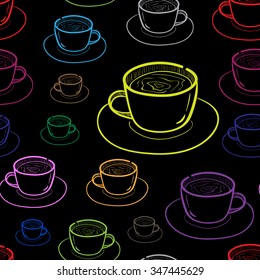 Seamless texture with color contours of mugs on the black