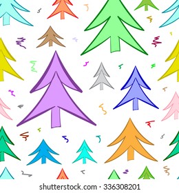 Seamless texture with color fir-trees and curls