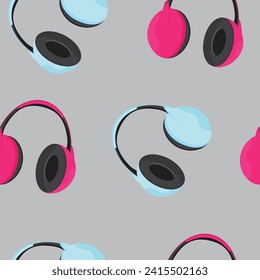 Seamless texture with color headphones on a gray background.Headphones pattern.Pink and blue earphones.