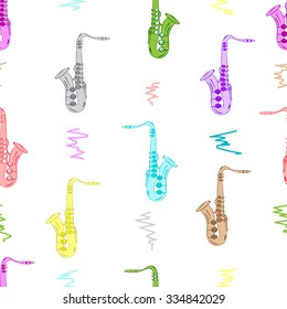 Seamless texture with color saxophones on the white