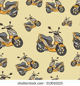 Seamless texture with color scooters on a brown background