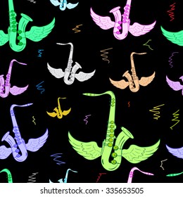 Seamless texture with color winged conceptual saxophones