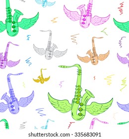 Seamless texture with color winged conceptual saxophones