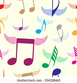Seamless texture with color winged music notes