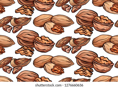 Seamless texture with colored cartoon nuts on a white background. Walnut, pecan and almond. Vector pattern for wallpaper, fabrics, menus and your design.