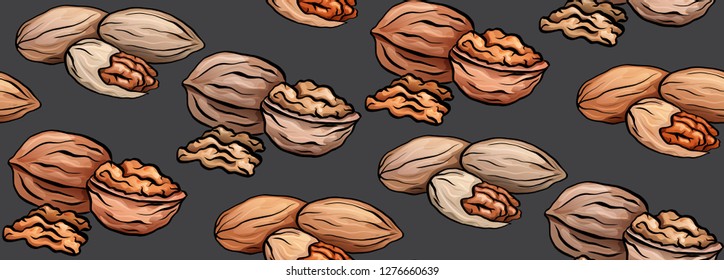 Seamless texture with colored cartoon nuts on gray background. Walnut and pecan. Vector pattern for wallpaper, fabrics, menus and your design.