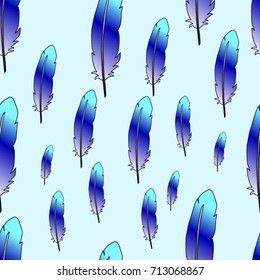 Seamless texture. Colored feathers on a blue background