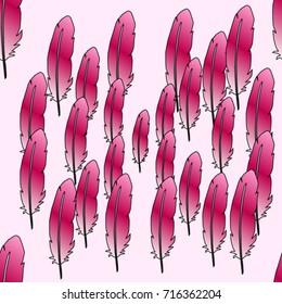Seamless texture. Colored feathers on a pink background