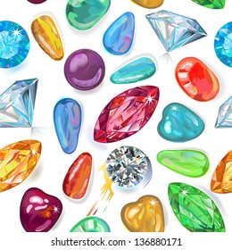 Seamless texture of colored gemstones isolated on white background